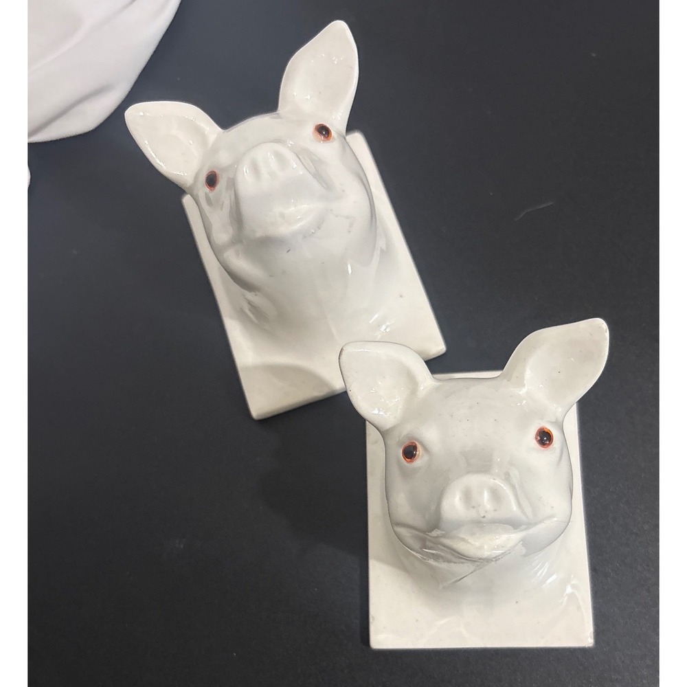 Vintage White Ceramic Pig Head Wall Plaques Set of 2 Japan Glossy Orange Eyes - Picture 4 of 6